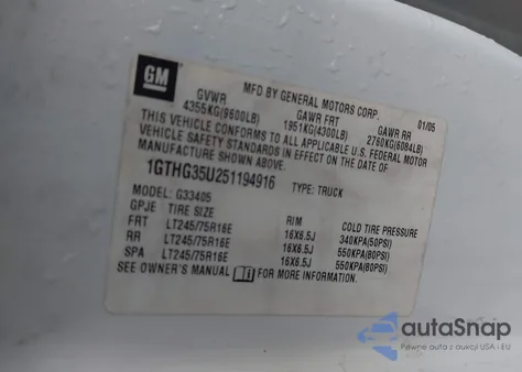 2005 GMC Savana Standard z USA, uszkodzony, nr VIN 1GTHG35U251194916